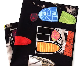 Cotton Handkerchief: Black with Brights, 14" Modern Pocket Square, Gifts for Her