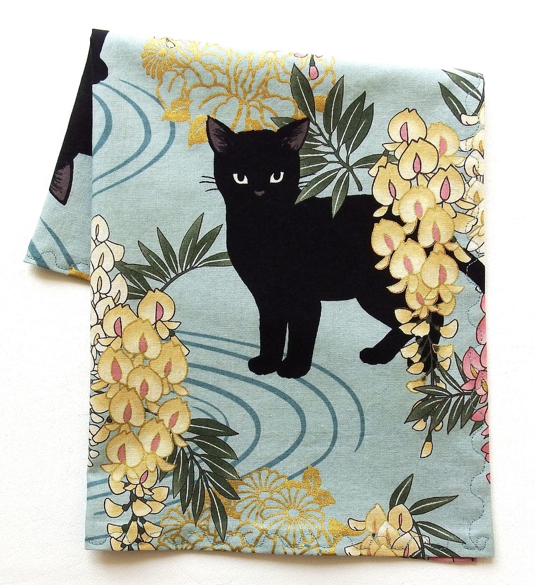 Black Cat and Wisteria Handkerchief, Gold Metallic Accents, Cotton ...