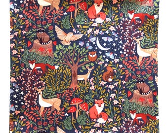 ORGANIC Cotton Bandana: Woodland Print, 22" Square, Deer, Fox, Racoon, Owl