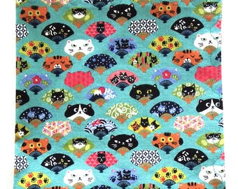 Cats and Fans Handkerchief, Japanese Cotton Fabric, 11" Square