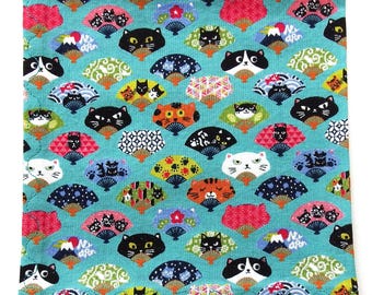Cats and Fans Handkerchief, Japanese Cotton Fabric, 12" Square
