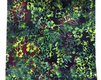 Cotton Batik Handkerchief: Chartreuse, Green, Plum Floral, 14" Pocket Square