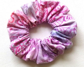 Hair Scrunchies, Pink and Blue Cotton Batik Fabric, Flowers, Medium Size, Spring and Summer, Handmade Hair Accessories