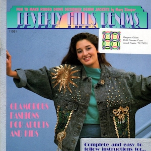 May include: A denim jacket with sequined embellishments and instructions for making denim jackets. The instructions include painting, fusing, setting rhinestones, and sequin appliques.