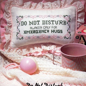 May include: A white cross-stitched pillow with the text "DO NOT DISTURB, AWAKEN ONLY FOR EMERGENCY HUGS" in black and green thread. The pillow is surrounded by pink lace and a pink ruffle. A pink baby rattle and cup are also visible.