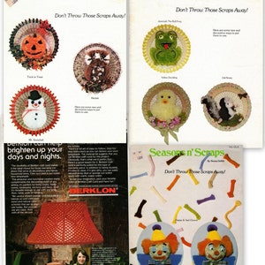 May include: A magazine cover featuring colorful crocheted crafts, including a pumpkin, snowman, frog, duckling, squirrel, and clown. The magazine is titled "Seasons n' Scraps" and encourages readers to "Don't Throw Those Scraps Away!"