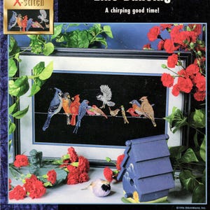 May include: Cross stitch pattern for a line dancing scene with birds on a wire. The pattern includes a birdhouse and flowers. The frame size is 14 inches by 22 inches.