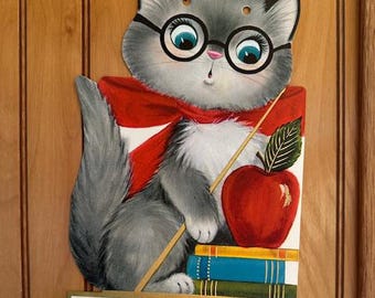 Vintage 1960s Hallmark Kitten September Calendar, Teacher Apple Decor