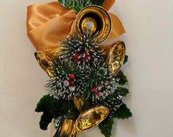 Vintage Gold Bell Christmas Spray, Retro Holiday Decor