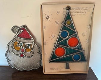Vintage Floralier Co Santa & Tree Sun Catchers, Christmas Window Decor SET