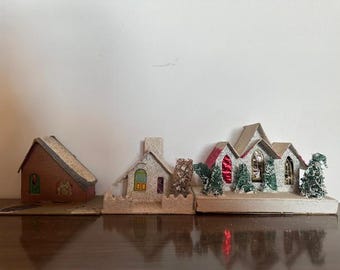 Vintage Mica Glitter Putz Houses, Mid Century Christmas Village Decor