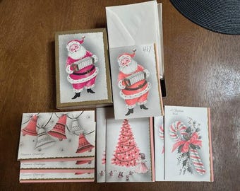 Vintage Pink Christmas Cards, Santa, Bells, Candy Canes, SET of 8