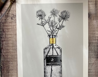 Sassenach Whisky Thistle Bottle Art Print, Scottish Home Decor