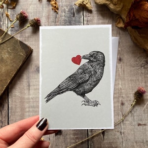 CARTE DE VUX corbeau, Carte de corbeau, Carte de coeur de corbeau, Carte de corbeau de la Saint-Valentin, Carte d'amitié, Carte de nature, Carte d'oiseau, Carte de goth