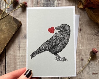 GREETING CARD / Crow Card / Crow Heart Card  / Valentines Crow Card / Friendship Card / Nature Card / Bird Card / Goth Card