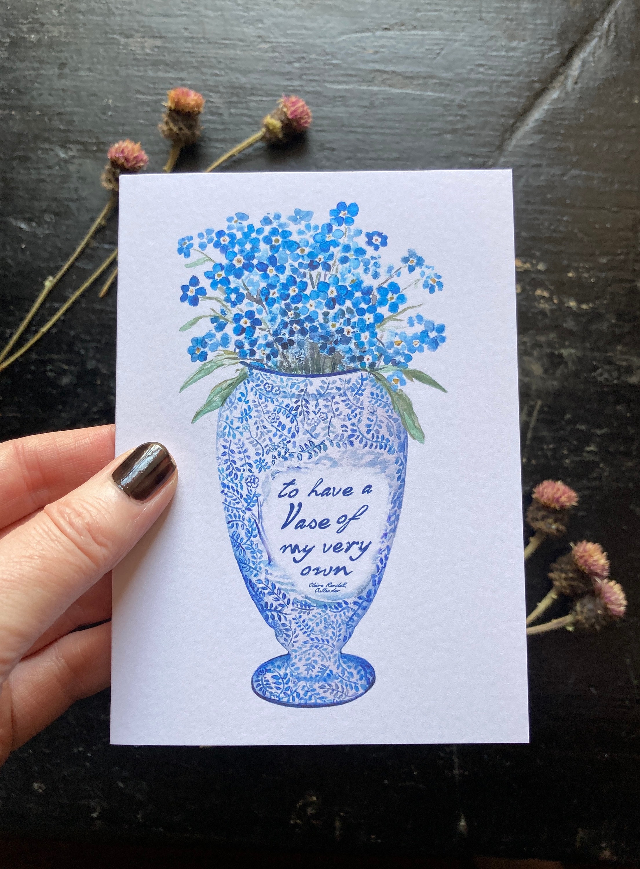 Blue Vase Forget-me-nots Card: Outlander Inspired Friendship Card