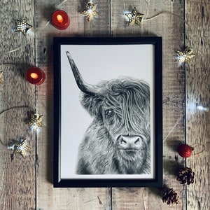 May include: Black and white drawing of a Highland cow with long, shaggy hair. The drawing is framed in a black frame and is hanging on a wooden wall.
