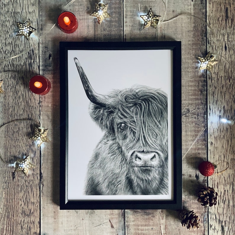 May include: Black and white drawing of a Highland cow with long, shaggy hair. The drawing is framed in a black frame and is hanging on a wooden wall.