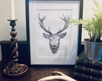 Stag Art Print, Hand Drawn Pen & Ink, Scottish Highland Wildlife