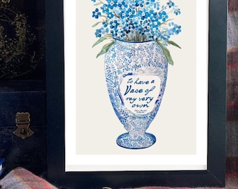 Outlander Blue Vase Watercolor Art Print, Forget-Me-Nots, Claire Vase