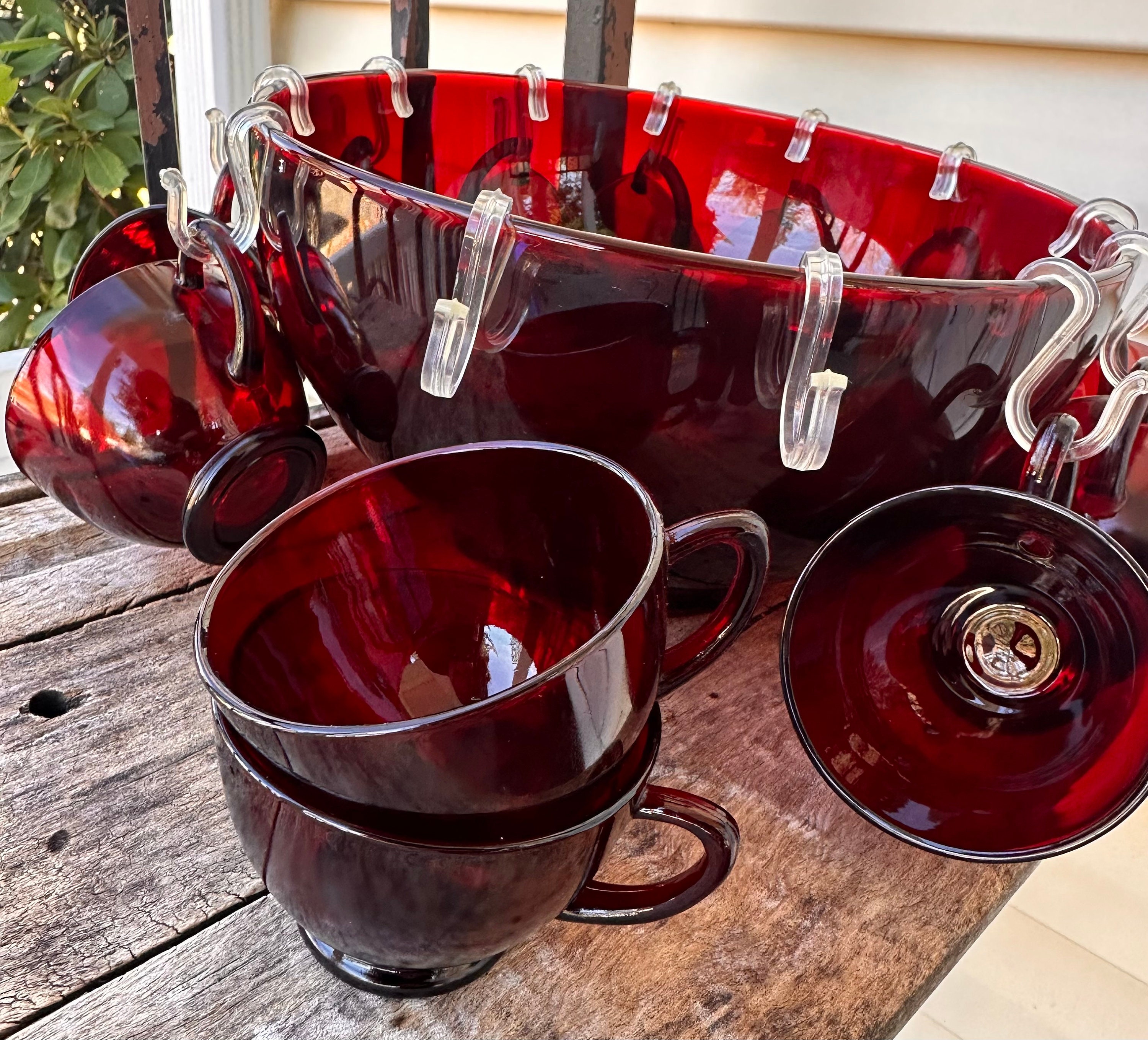 Vintage Anchor Hocking Ruby Red Glass Punch Bowl Set With 12 Hooks and