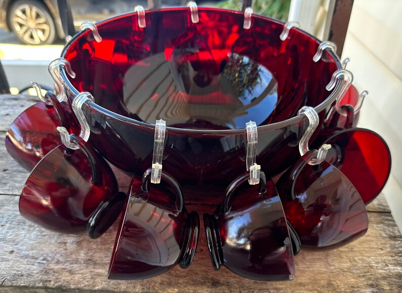 Vintage Anchor Hocking Ruby Red Glass Punch Bowl Set With 12 Hooks and