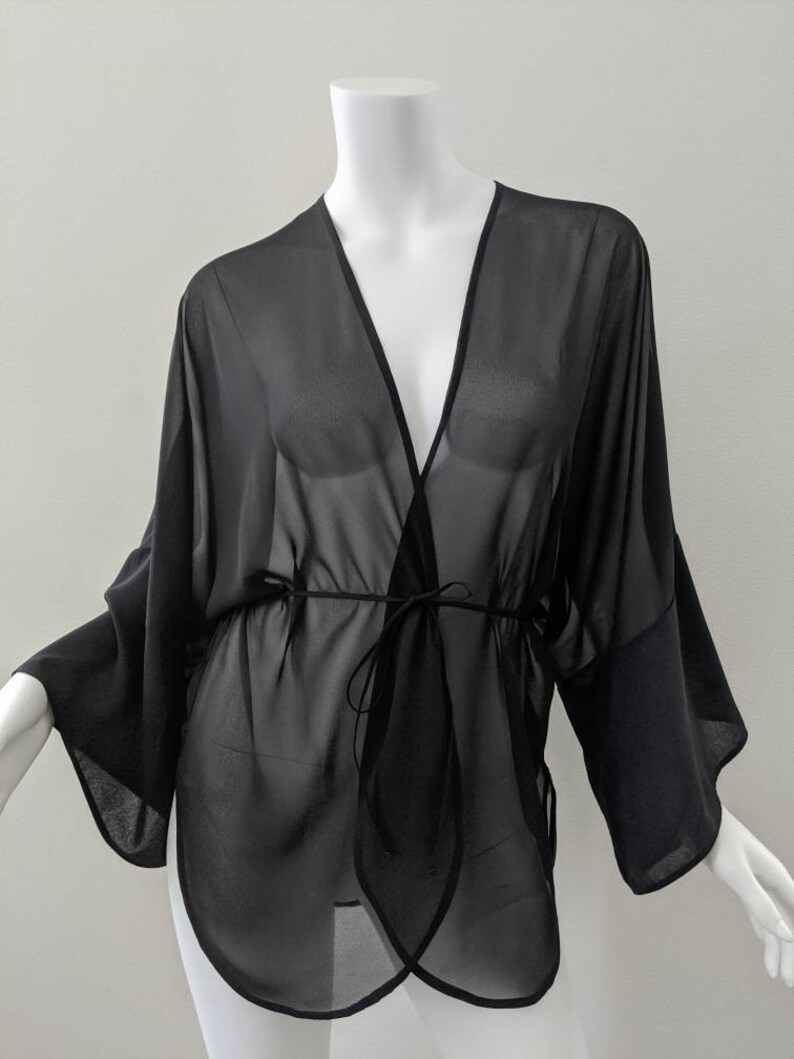 Black Sheer Kimono Cover up Handmade Sheer Robe Solid Resort Etsy