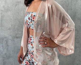 Metallic Cover Up Gift For Her Sheer Blush Shimmery Kimono Shiny