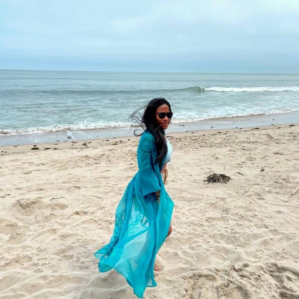 Sheer Robe Vibrant Long Cover Up For Photoshoot Teal Beach Kimono