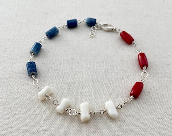 Small Red, White and Blue Coral Sterling Silver Bracelet