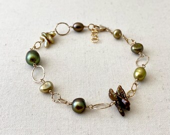 Green Pearl Mix Gold Filled Chain Bracelet