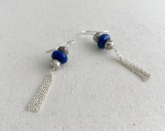 Lapis Rondelle and Etched Pearl Sterling Silver Tassel Earrings