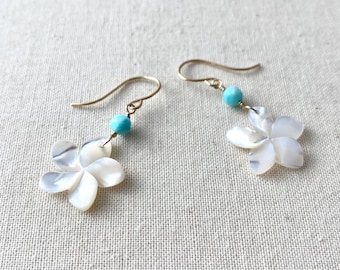 Mini Mother of Pearl Plumeria and Amazonite Gold Filled Earrings