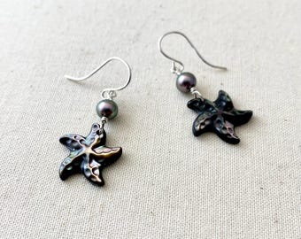 Black Mother of Pearl and Freshwater Pearl Starfish Sterling Silver Earrings