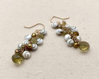 Quartz Briolette, Shiva Shell and Pearl Dangle Earrings
