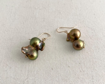 Bronzy Green Gold Peacock Baroque Freshwater Pearl Gold Filled Drop Earrings