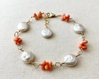 Vintage Coral and White Coin Pearl Gold Filled Chain Bracelet