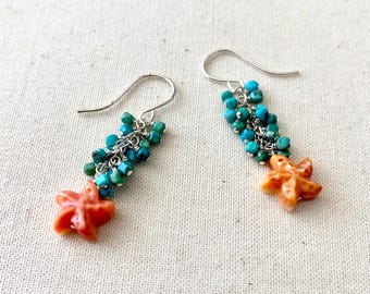 Orange Spiny Oyster Starfish and Turquoise Sterling Silver Earrings