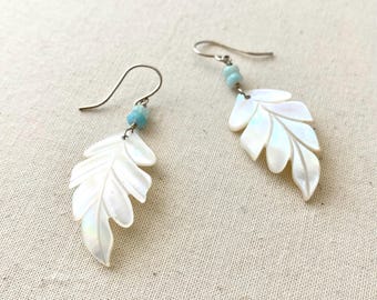 White Mother of Pearl Etched Feather and Irridescent Opal Sterling Silver Earrings