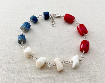 Red, White and Blue Coral Sterling Silver Bracelet