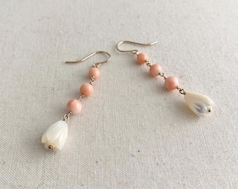 White Mother of Pearl Pikake and Coral Dangle Gold Filled Earings