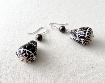 Cone Shell and Freshwater Pearl Sterling Silver Drop Earrings