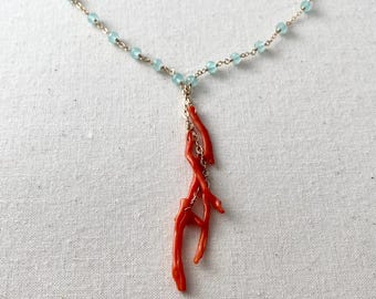 Red Coral Branch and Aqua Chalcedony Gold Filled Chain Necklace