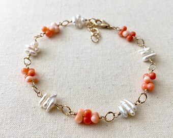 Vintage Coral and White Keshi Pearl Gold Filled Chain +Bracelet