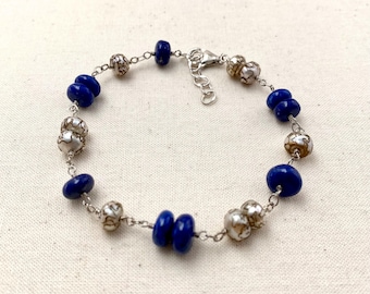 Lapis Rondelle and Etched Pearl Sterling Silver Bracelet