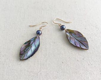 Irridescent Mother Of Pearl Leaf and Freshwater Pearl Gold Filled Earrings