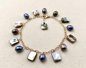 Abalone and Peacock Pearl Charm-style Bracelet