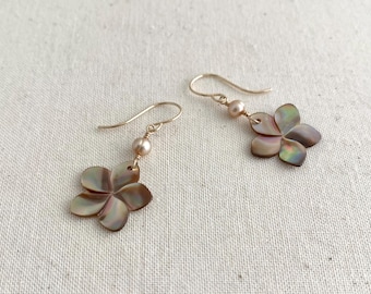 Gold Mother Of Pearl Plumeria and Champagne Freshwater Pearl Drop Earrings