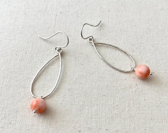 Angelskin Coral and Handmade Sterling Silver Teardrop Hoop Earrings