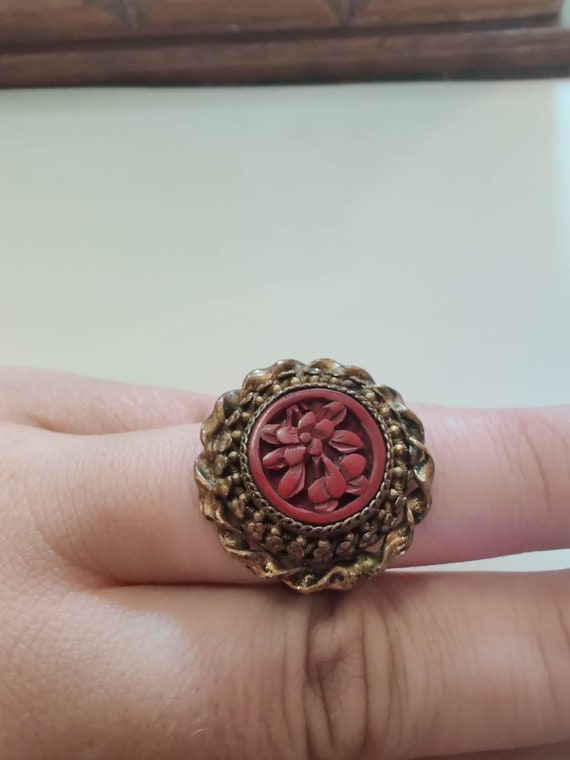 Vintage West Germany Celluloid ring Burgundy carve